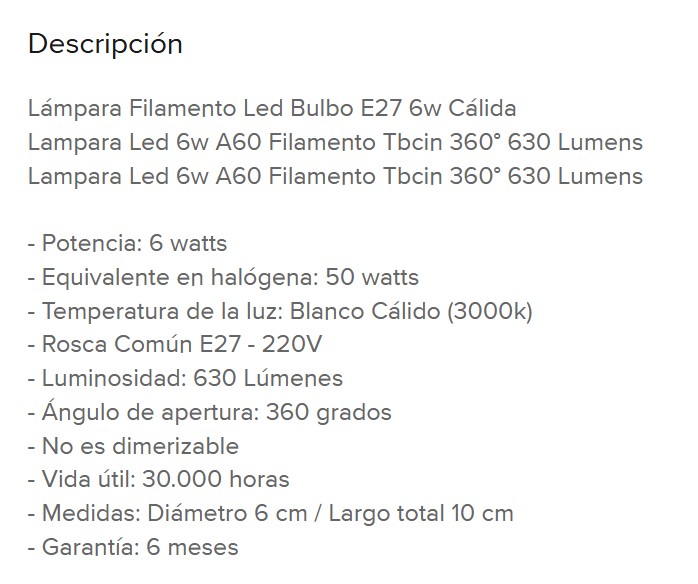 Lámpara Led 6w A60 E27 Filamento 360º Luz Cálida TBCin